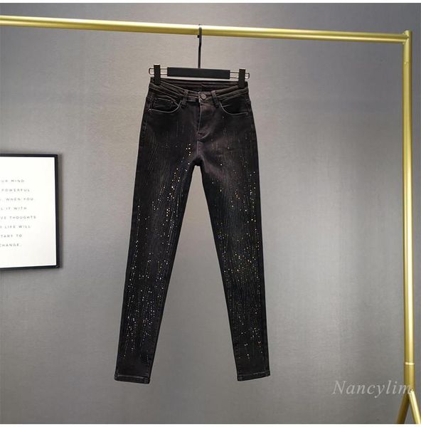 

jeans black jeans for women 2021 spring new stretch slimfitting midwaist slimming rhinestone skinny denim pencil pants femme, Blue