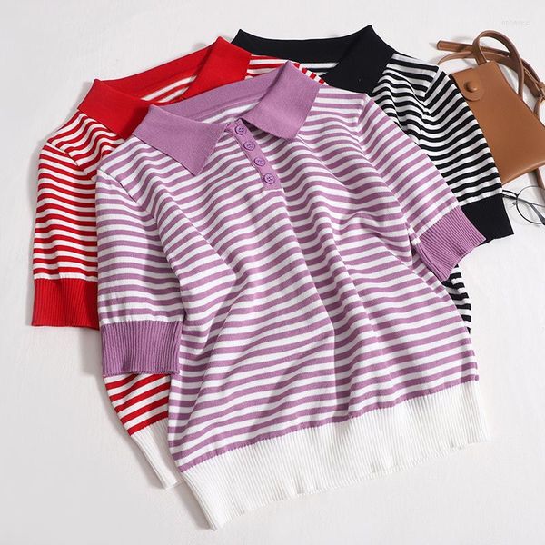 

Women's Sweaters Korejepo Stripe Contrast T-Shirt Short Sleeve Women's 2023 Summer Fashion Age Reducing Top Half Shirt, Black