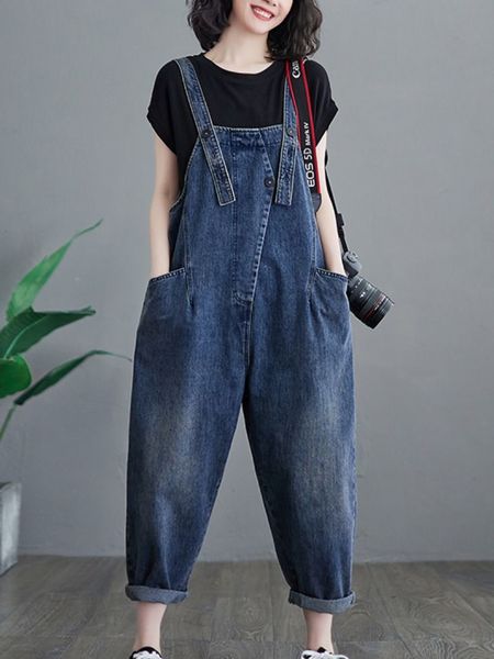 

women's jeans woman vintage solid color denim sleeveless overalls korean loose 2023 summer fashion suspenders high street anklelength p, Blue