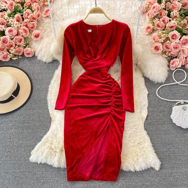 

dresses vintage black/red velvet dress women spring autumn vneck long sleeve high waist draped bodycon vestidos female 2022 new, Black;gray