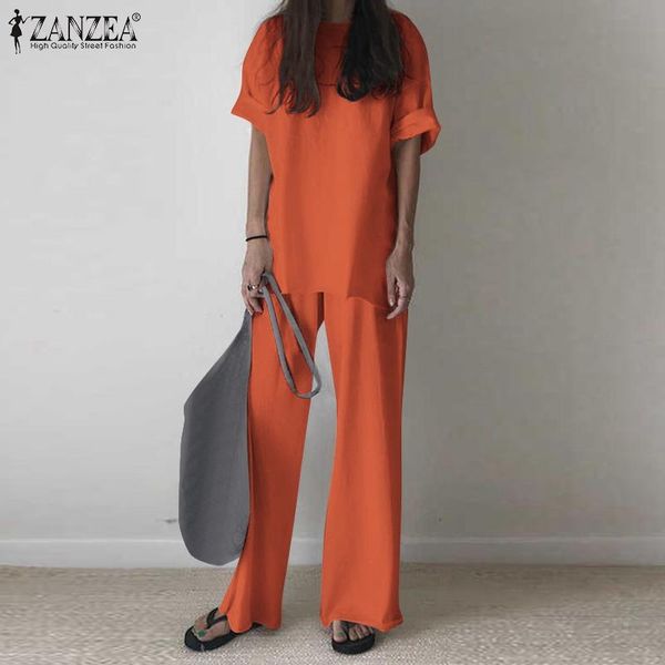 

pants zanzea spring women fashion urban tracksuit 2pcs pant sets casual wide leg pants loose blouse and trousers suits matching sets, White