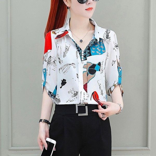 

t-shirt printed fashion turndown collar women's blouse pullovers 2023 summer female clothing korean casual half sleeve vintage shirt, White