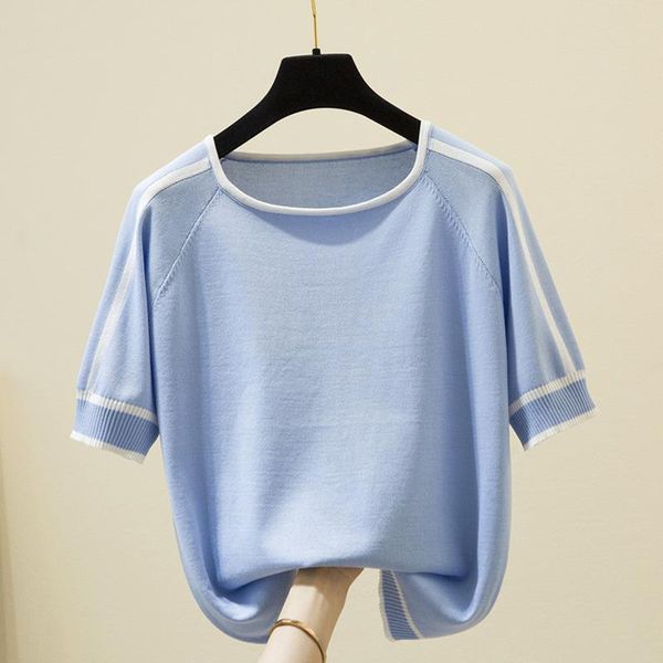 

t-shirt thin knitted t shirt women short sleeve 2022 summer woman clothes striped fashion tshirt camisetas de mujer tee shirt femme, White