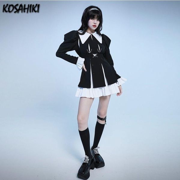 

dresses kosahiki gothic black mini dress women 2022 japanese long sleeve fake two pieces patchwork dresses harajuku y2k streetwear robe, Black;gray