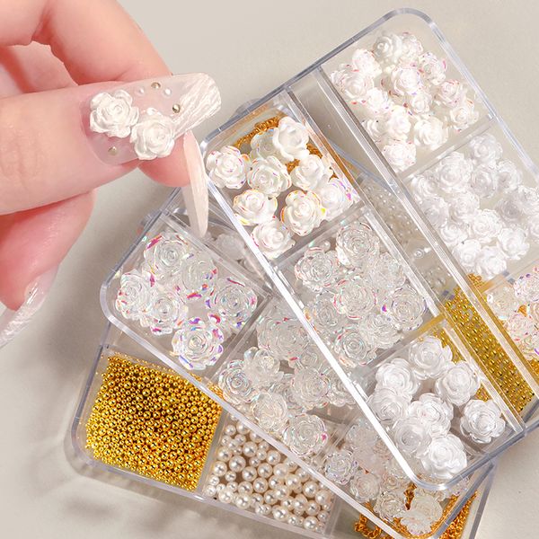 

false nails 3d white auroras camellia nail art decoration jewelry acrylic resin flowers design wedding manicure charms accessory 230422, Red;gold