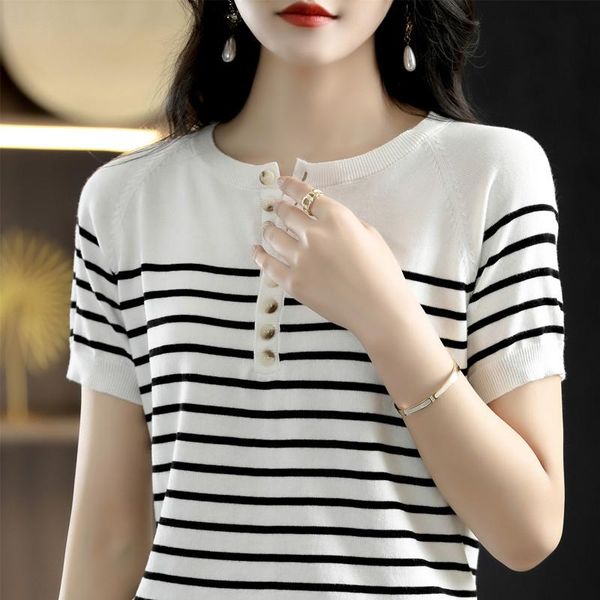 

t-shirt summer thin cotton thread eightbutton striped shortsleeved knitted tshirt women's pullover allmatch short style, White