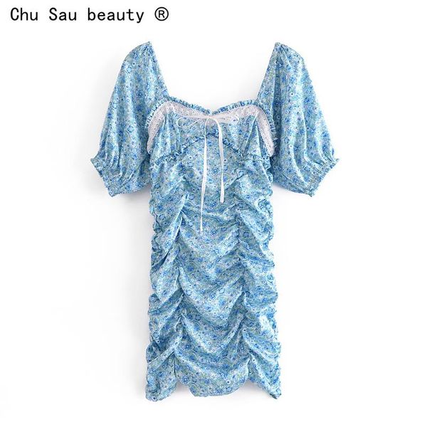

dresses 2021 summer square collar bowknot lace floral print puff sleeve folds mini dress slimfit women zipper vestido, Black;gray