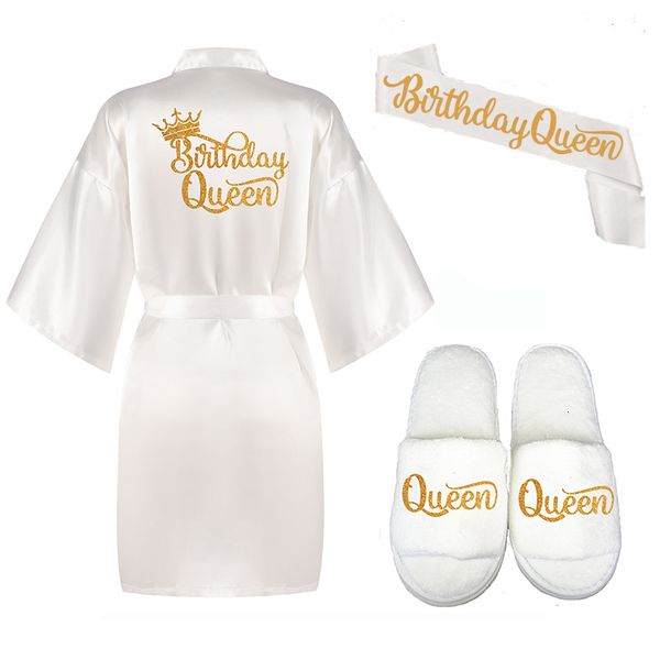 

women's sleepwear glitter gold birthday queen robe with crown birthday girl satin robe slipper party kimono gift for her princess spa r, Black;red
