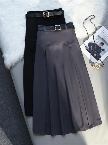 

Skirts Elegant Women' Wrap Mi-long With Belted 2023 Spring Summer Pleated Solid Office Lady High Waist Sheath Female, Black