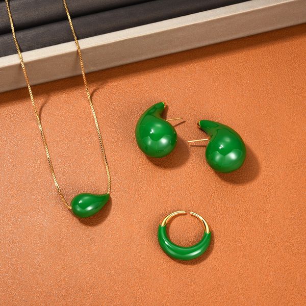 

2023 summer new lacquer green enamel droplet necklace earrings ring set all-match fashion charm jewelry accessories, Silver
