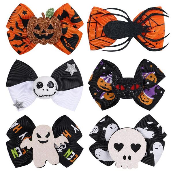 

halloween decoration grosgrain ribbon hair bows for baby girls ghost pumpkin pinwheel hair clips hair accessories, Slivery;white