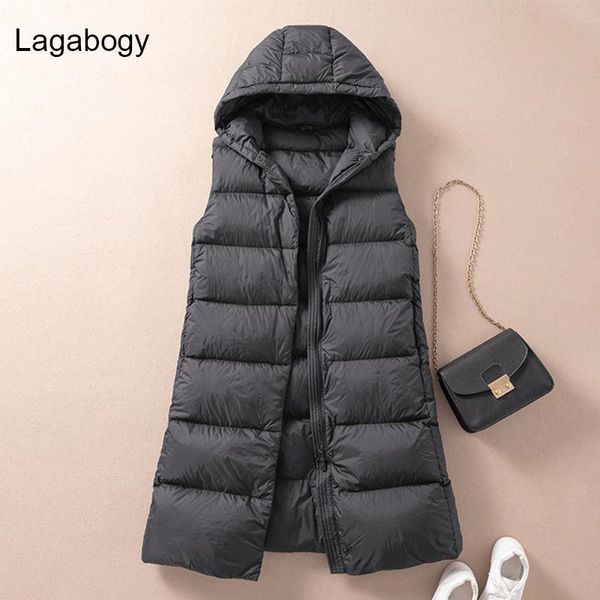 

vests lagabogy new winter women's long waistcoat ultra light 90% white duck down vest with hooded female warm sleeveless, Black;white