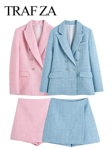 

pants traf za women's blazers suit double breasted jacket textured suit coat + slim mini skirt 2 sets fashion female casual streetwear, White