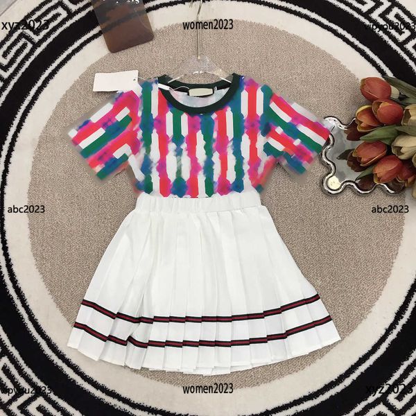 

luxury kids clothes child sets baby summer tracksuits 2pcs embroidered letter t-shirt and chiffon satin pleated skirt new arrival, White