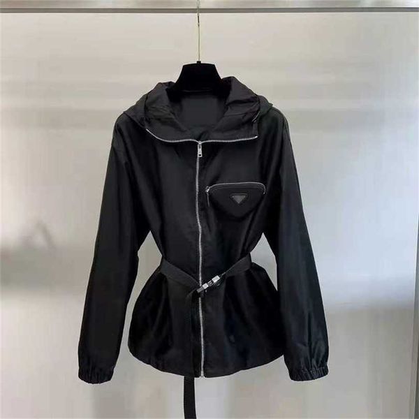 

22% off family spring and autumn new windbreaker black hooded belt slim fit triangle pocket coat female