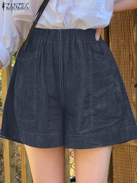 

women's shorts summer denim 2023 zanzea fashion women jeans casual elastic waist solid pants vintage pockets loose beach trousers 23042, White;black