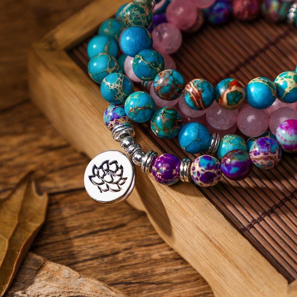 

beaded 108 beads buddhist mala wrap stack layer bracelet for woman rose quartz purple japer turqoise ite and lotus 230422, Black
