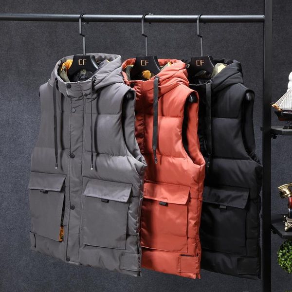 

vests 2021 autumn/winter men's sleeveless jacket hooded warm cotton vest trend fashion casual horse tide brand armor vest hooded vest, Black;white