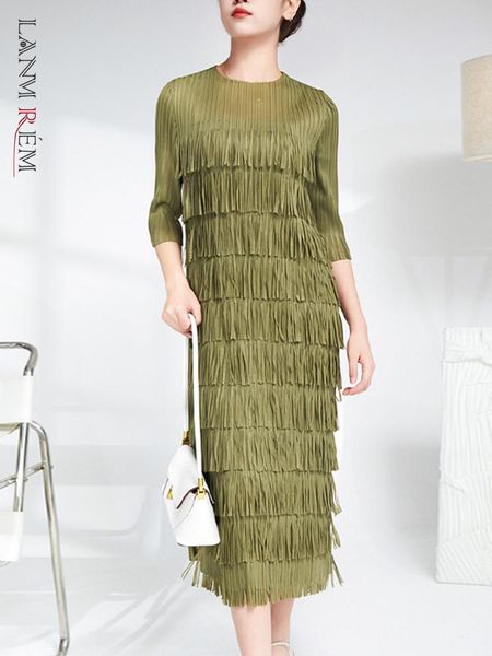 

dresses lanmrem tassel pleated dress for women round neck half sleeves solid color elegant clothing female party summer autumn 2r6996, Black;gray