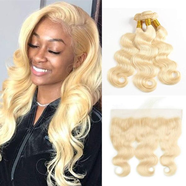 

613 blonde human hair 3 bundles with frontal brazilian body wave with baby hair frontal 100% ear to ear virgin human hair weave with lace fr, Black