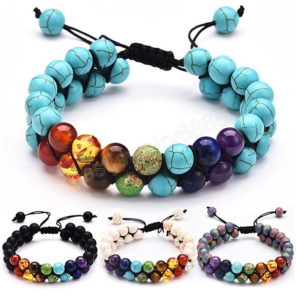 

7 chakra beads lava rock men bracelet double layer row adjustable yoga stone energy healing stone bracelets xmas gift, Golden;silver