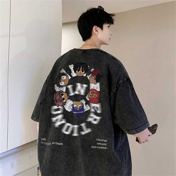 

24% off american fashion washed old short men's summer street oversize cotton t-shirt half sleeve, White;black