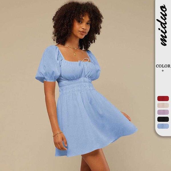 

summer lantern sleeve square collar dress french style high sense casual tether, Black;gray