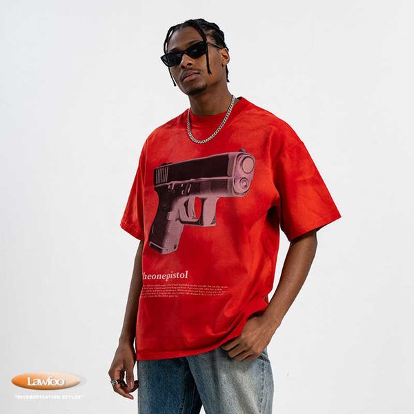 

men and women t-shirtslawfoo spring/summer china-chic brand american spray gun print off shoulder loose edition couple t-shirt fashion, White;black