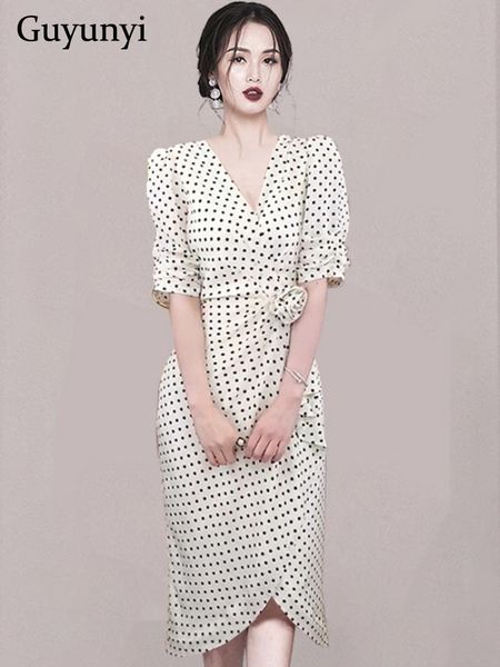 

dresses elegant party dress 2022 summer vneck half puff sleeves high waist line bow decoration polka dots women temperament dress, Black;gray