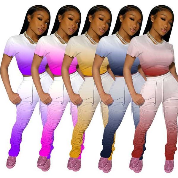 

women tracksuits two pieces set gradient color contrast short sleeve long pants fashion ladies outfits new 2020, Gray