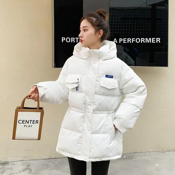 

leather women winter hooded parkas thick down cotton padded jacket 2022 woman fashion outwear female coat warm puffer casual parka, Black