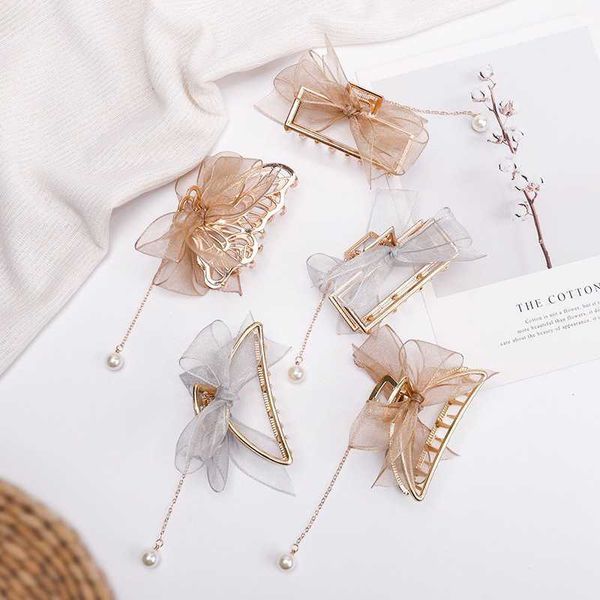 

pink barrette tiktok gauze bow pearl tassel grab clip headdress hair clip back spoon clip dish hair korean shark clip, Golden;silver