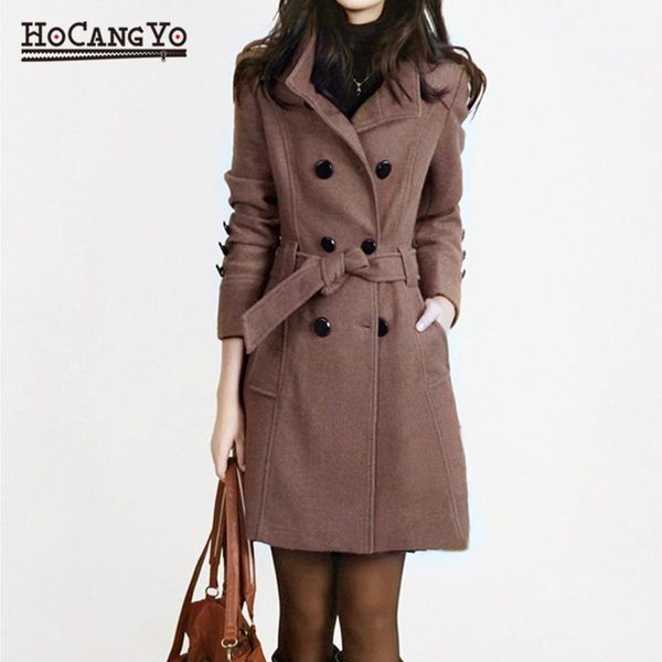 

fur new women long coat and jacket autumn winter elegant women wool coats long jackets korean version slim trench coat with straps, Black
