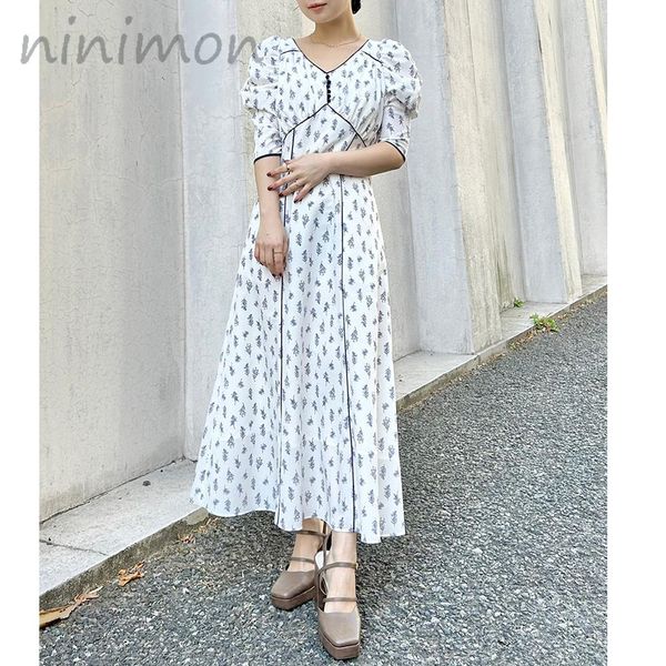 

dresses ninimon v neck lace up dress printed pleated puff sleeve chiffon spring smmer dresses vintage floral dress fashion button 2023, Black;gray