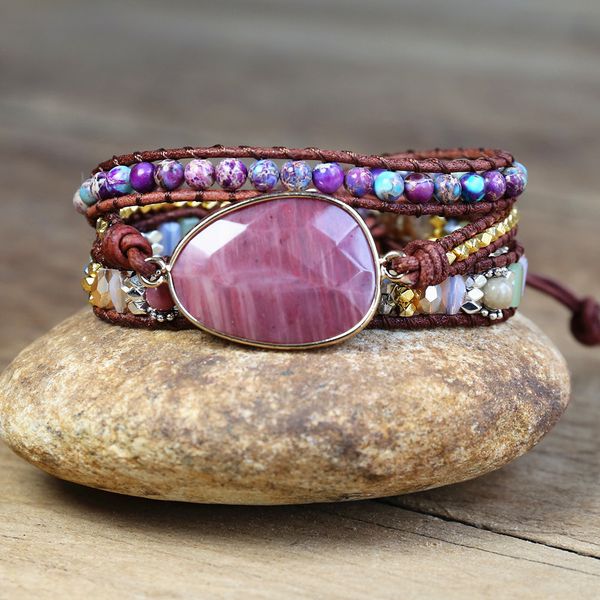 

beaded leather wrap bracelet exclusive 3 strands natural stone multi color bohemian pearls crystal weave bracelet wrap gifts 230422, Black