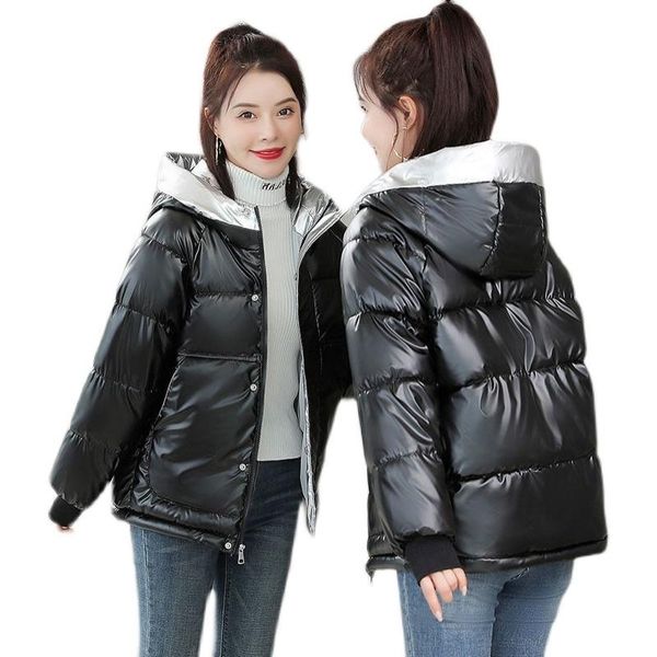 

leather winter jacket women 2022 new short parkas glossy down cotton padded coats thick warm hooded autumn famale clothing loose, Black