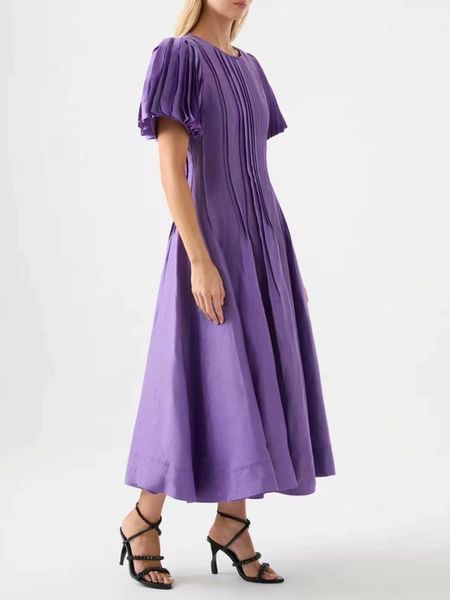 

designer dress new round neck bubble sleeve pleated high waist slim purple elegant short sleeve dress for women, Black;gray