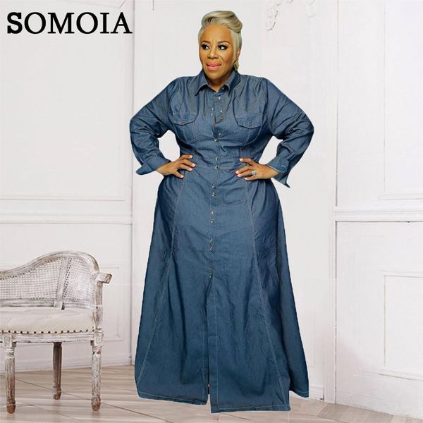 

dresses plus size dresses casual denim washed maxi dress street buttons lapel long sleeve cowboy dresses women fashion wholesale items, Black