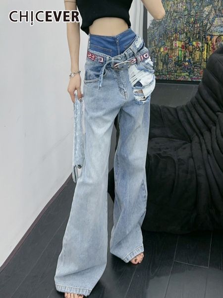 

women's jeans chicever hole hollow out denim pant for women high waist patchwork belt loose streetwear wide leg pants female spring clo, Blue