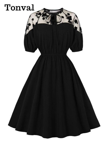

dresses tonval tie neck floral mesh elegant party women summer swing dress half sleeve elastic waist black vintage robe femme, Black;gray
