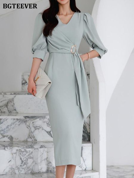 

dresses bgteever vintage vneck puff sleeve women bodycon dress 2022 spring summer slim waist belted elegant female pencil dress vestido, Black;gray
