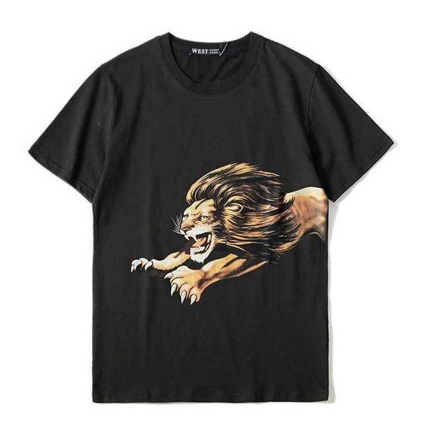 

24% off summer new ins street lion print hip hop fashion short sleeve t-shirt men's loose round neck couple dress, White;black