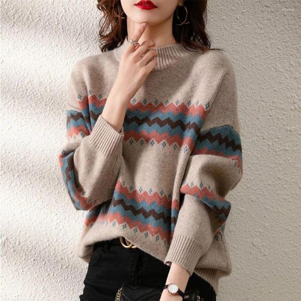 

Women's Sweaters 2023 Spring Vintage Jacquard Pullover Women's Round Neck Striped Loose Size Knitted Sweater, Sky blue