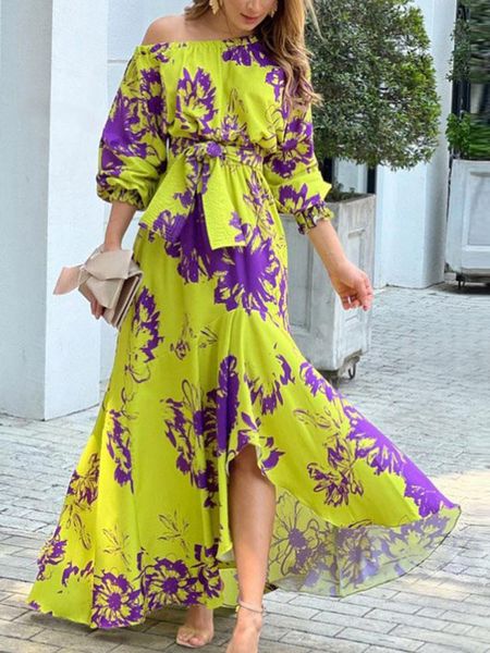 

dresses summer floral print dress women diagonal collar maxi dress fashion elegant evening party dress female lantern sleeve long dress, Black;gray