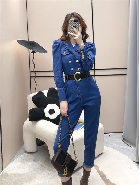 

women's jeans autumn women solid metal buttons denim jumpsuits long puff sleeve turn down collar cargo casual straight loose rompers 23, Blue