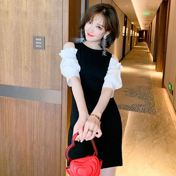 

dresses awarose black strapless patchwork lantern sleeve slim mini dress women summer solid color knitting bodycon female vestidos, Black;gray