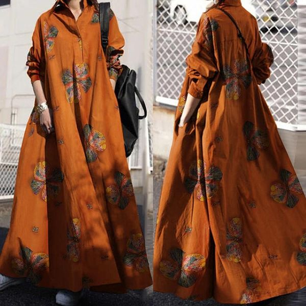 

dresses vintage printed maxi dress women's autumn sundress zanzea 2022 casual long sleeve shirt vestidos female lapel robe, Black;gray