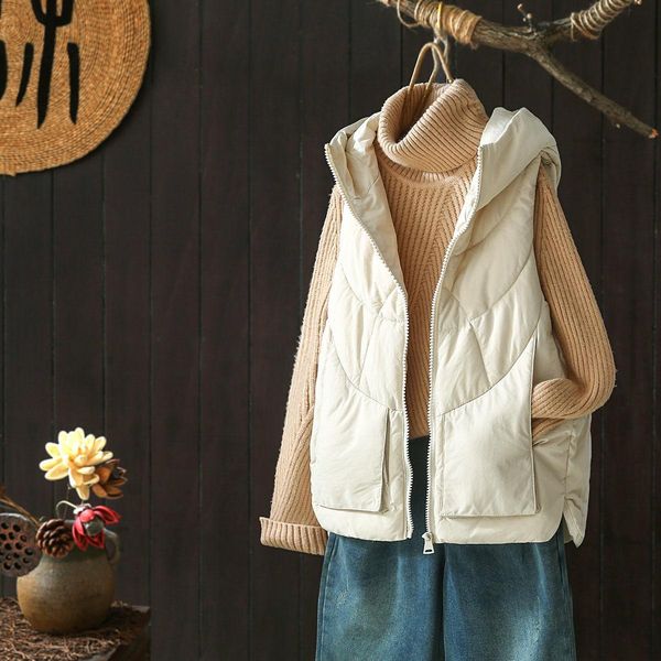 

leather jacket vest down cotton vest women's fall winter hooded sleeveless jacket loose vest chaleco mujer, Black