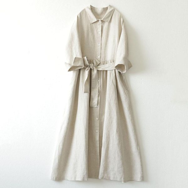 

dresses limiguyue linen dress women turn down collar shirt dresses spring autumn japanese vintage cotton and linen long vestidos u142, Black;gray