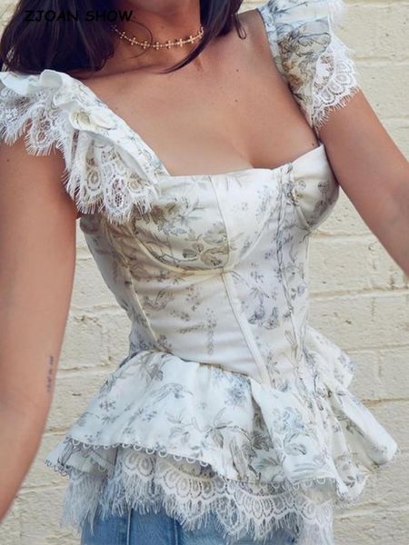 

t-shirt 2022 lace spliced floral print corset women summer back cross laceup bandage tank retro ruffles hem slim crop top, White